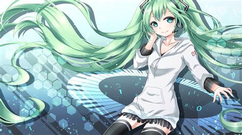 Illustration Long Hair Anime Couch Cartoon Thigh Highs Vocaloid Hatsune Miku Twintails