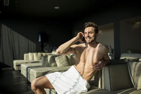Shirtless Muscular Male Model Mobile Phone Stock Photos Free