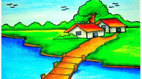 Riverside Village Scenery Drawing Very Easy How To Draw Easy