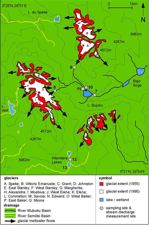 Map Of Glacial Extent And Drainage In The Central Rwenzori Massif