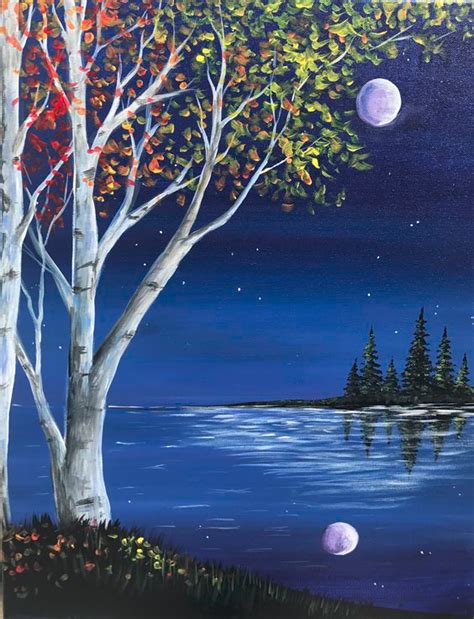 An Acrylic Painting Of Trees And Water At Night