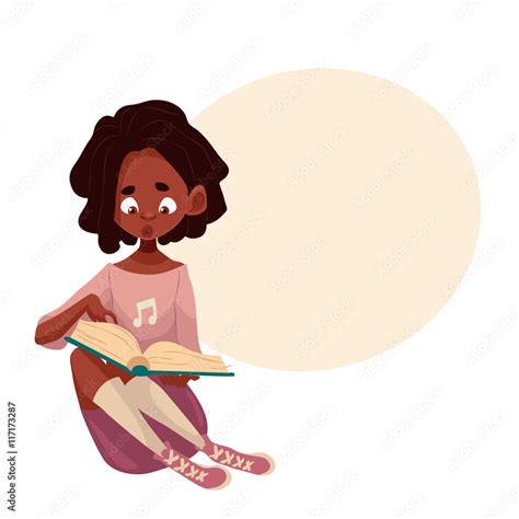 vecteur stock little african american girl sitting and reading a book cartoon style vector