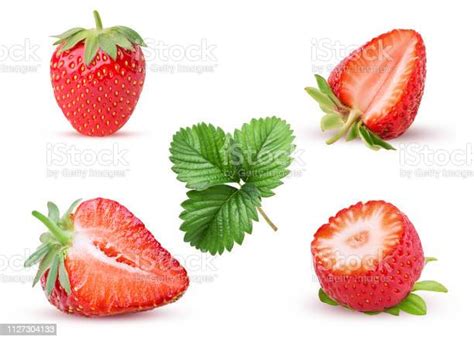 Set Strawberry Whole Cut In Half Three Quarters With Leaf Stock Photo
