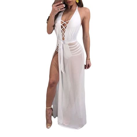 Summer Dresses Hollow Out Perspective Halter Sashes Lady Women