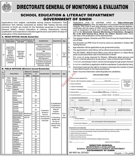 School Education And Literacy Department Sindh Jobs Application Form 2023