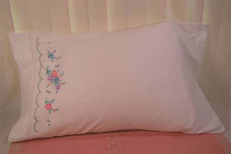 Vintage Hand Embroidered White Pillowcase Etsy Hand Embroidered