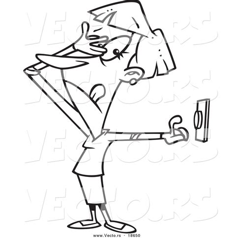 Vector Of A Cartoon Woman Hesitating To Push A Button Outlined