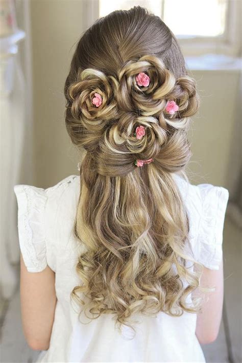 flower girl hairstyles half up half down with pink flowers sweethearts hair via instagram