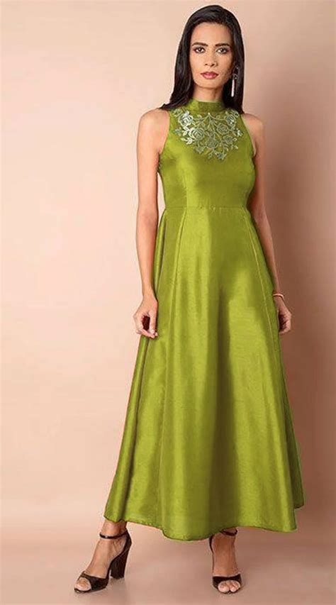 Mehendi Green Tafta Silk Sleeveless Band Collar Gown