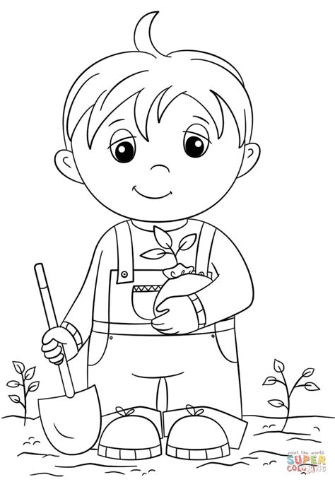Gambar Cute Boy Holding Seedling Coloring Page Free Printable Click