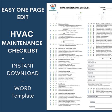 Hvac Preventative Maintenance Checklist Template Editable Microsoft
