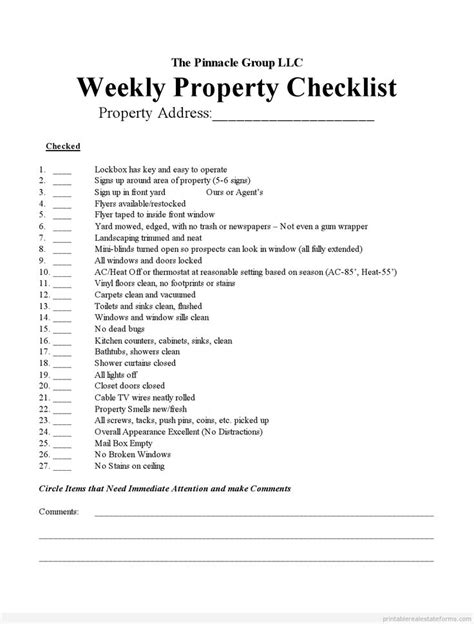 sample printable weekly property checklist  form sample