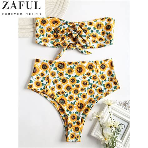 Buy Zaful New Knot High Waist Sunflower Swimsuit Women Bikini Set Bandeau