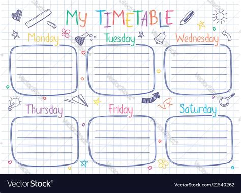 School Timetable Template On Copy Book Sheet With Hand Written Text
