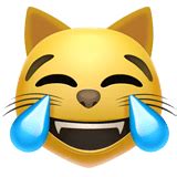 A yellow face with a big grin, uplifted eyebrows, and smiling eyes, each shedding a tear from laughing so hard. 😹 Laughing Cat Emoji Meaning with Pictures: from A to Z