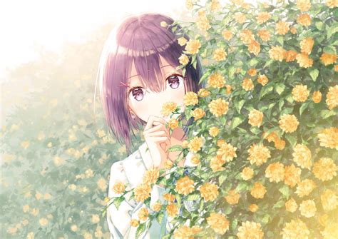Wallpaper Anime Girl Yellow Flowers Short Hair