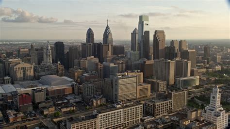 5K stock footage aerial video approaching Downtown Philadelphia skyscrapers and high-rises in ...