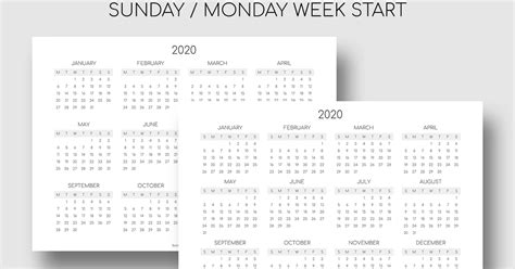 Printable 2020 Year At A Glance Calendar Landscape Orientation