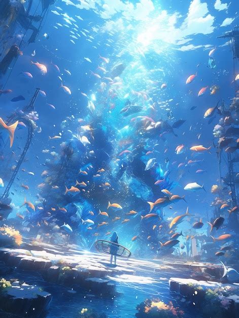 Premium Photo Anime Scene Of A Man Standing In A Large Aquarium With