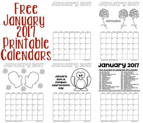 January 2017 Printable Calendar Pages Holiday Favorites