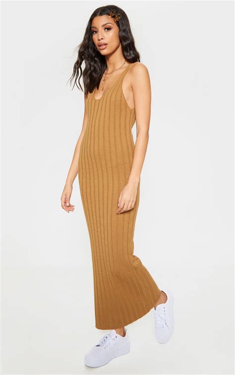 Camel Ribbed Knitted Maxi Dress Knitwear Prettylittlething Ie