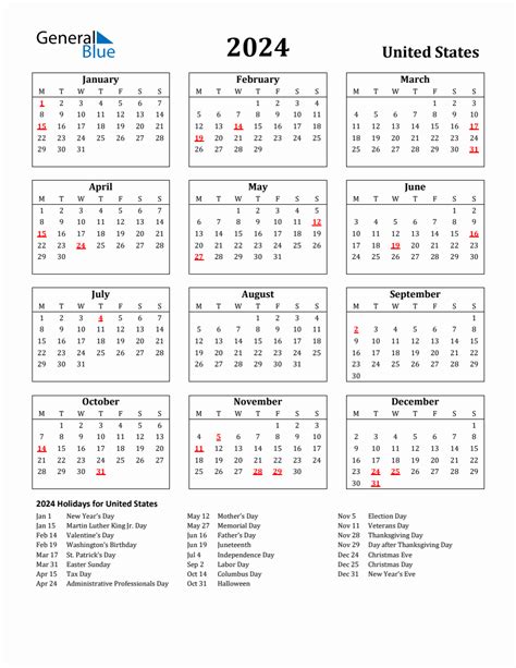 Free Printable 2024 United States Holiday Calendar