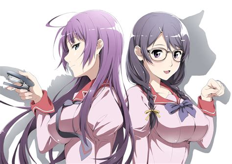 2girls Bakemonogatari Black Hair Blue Eyes Bow Braids Breasts Glasses