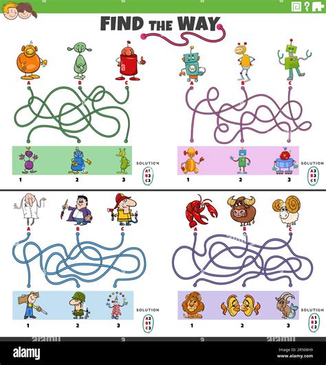 cartoon illustration of find the way maze puzzle games set with funny comic characters stock