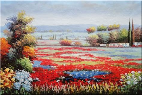 Red And Purple Flower Field In Tuscany Of Italy Oil Painting Landscape