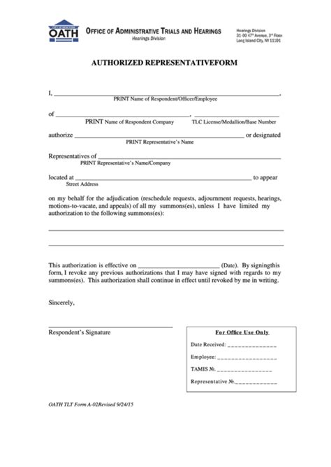 Authorized Representative Form Printable Pdf Download