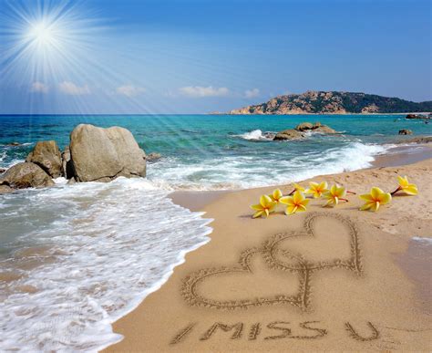 I Miss You Romantic Sand Message Plumeria Hearts Beach