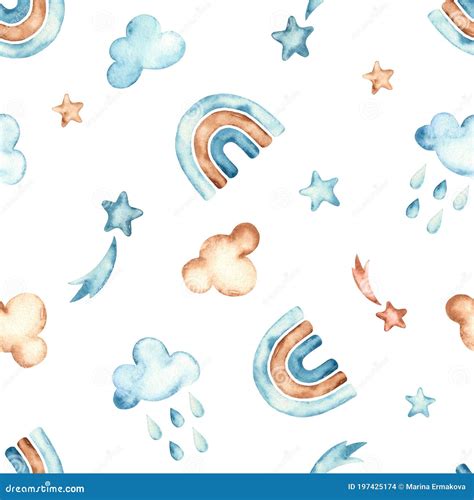 Boho Watercolor Seamless Pattern With Weather Rainbow Clouds Stars