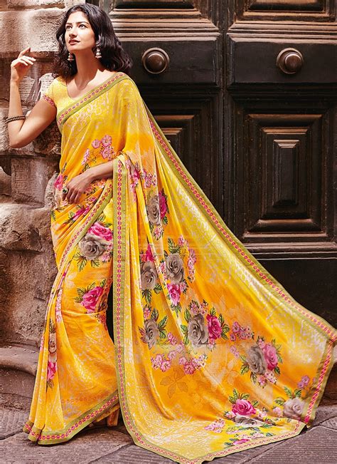 ENTICING YELLOW FLORAL PRINTED GEORGETTE SAREE HunarDesigns Com