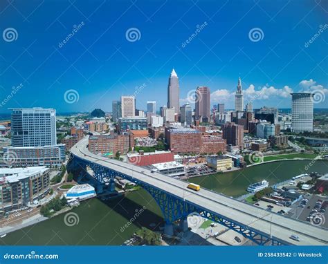 Aerial View Of Cleveland Downtown Skyline Over The Bridge On A Sunny