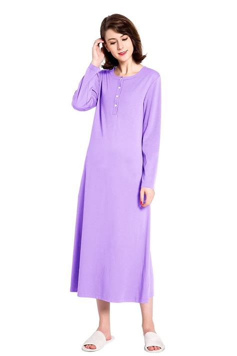 Cotton Knit Long Sleeve Nightgown For Women Henley Full Length Sleep Dress Violet
