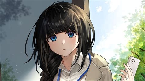 Black Hair Blue Eyes Anime Girl With Phone Hd Anime Girl Wallpapers Hd Wallpapers Id
