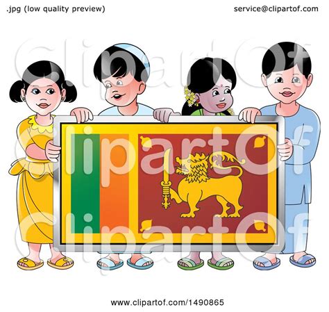 Clipart Of A Group Of Happy Sri Lankan Children Holding A Flag