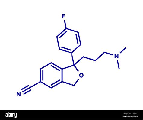 Citalopram Anti Depressant Drug Molecule Blue Skeletal Formula On
