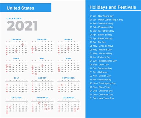 Calendar with 2021 calendar of holidays and celebrations of united states. United States Holidays 2021 and Observances 2021