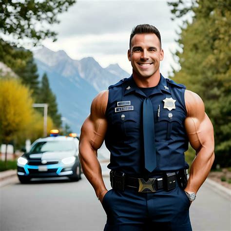 Sexy Police Officer With Tank Top Uniform And Mountainous Background