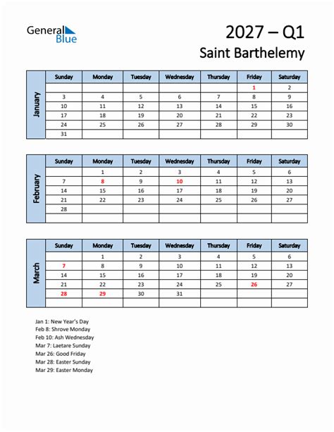 Q1 2027 Quarterly Calendar With Saint Barthelemy Holidays Pdf Excel