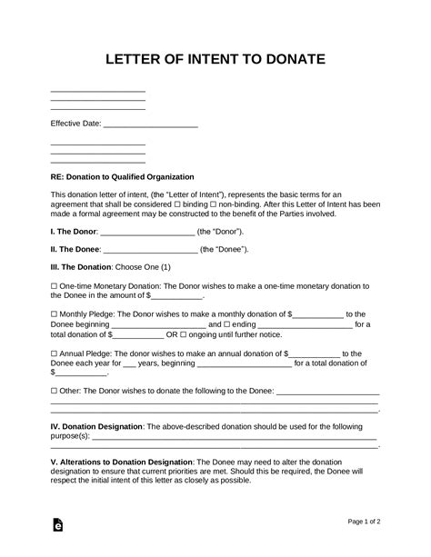 Free Donation Letter Of Intent Template Pdf Word Eforms