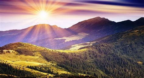 Download Tall Green Mountains Sunny Day Wallpaper