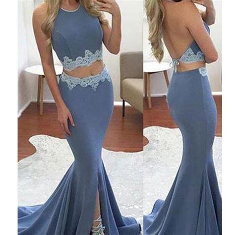 2017 Two Pieces Sexy Prom Dresses Lace Prom Dresses Backless Mermaid
