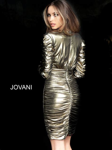 Jovani M66325 Gold Short Ruched Long Sleeve Metallic Short Dresses Long Sleeve Short Dress