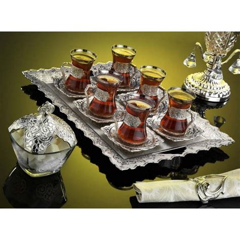 Silver Plated Turkish Tea Set For Six With Sugar Bowl KocGifts