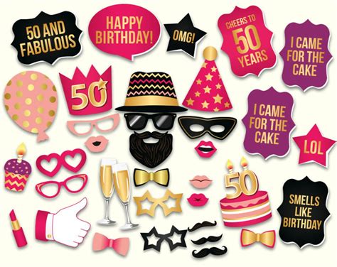 50th Birthday Photo Booth Props Printable Pdf Hot Pink And Etsy