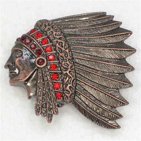 Antique Copper Indians Chief Head Brooch Red Rhinestone Pin Brooches