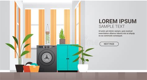 Interior Of Laundry Room With Washing Machine Electric Washer Home Appliance Concept Horizontal