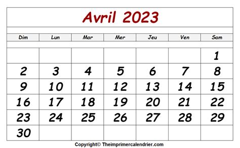 Calendrier Avril 2023 Pdf The Imprimer Calendrier